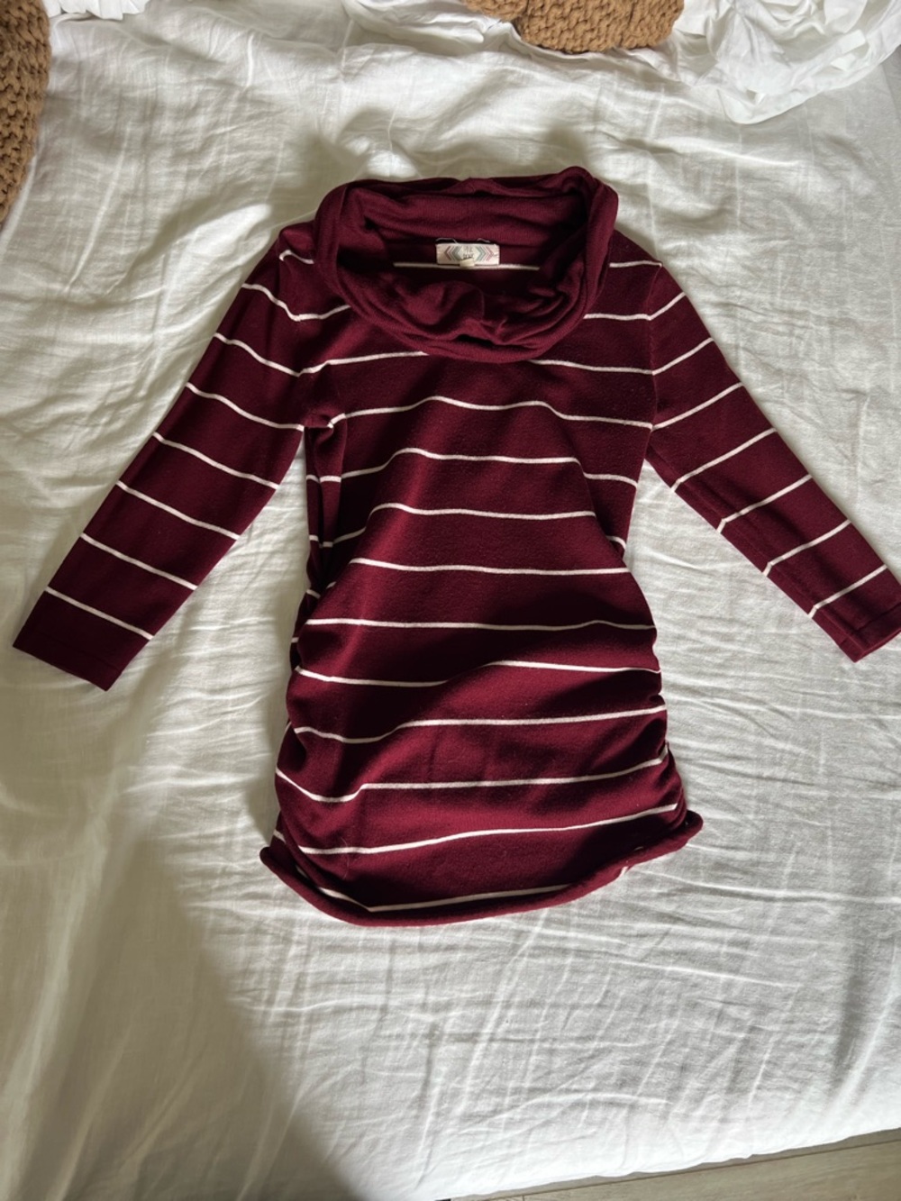 Striped Burgundy 3/4 Sleeve Cowl Neck Sweater Shirt
